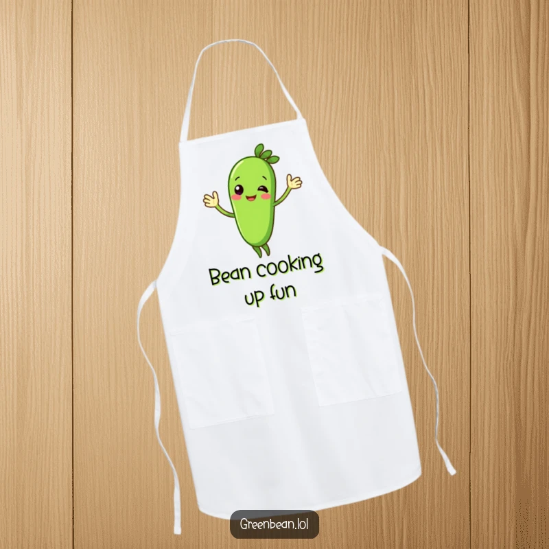 Funny green bean apron featuring a happy character waving. This cooking accessory is both practical and humorous.