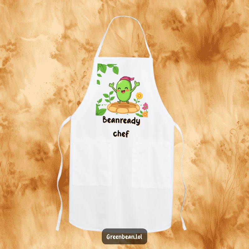 Funny green bean apron featuring a happy, bouncing character in a garden, perfect for cheerful and humorous kitchen activities.