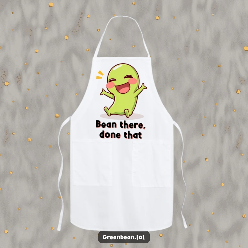 Funny apron with a green bean character in a comical slip, ideal for kitchen use and spreading vegetable humor.