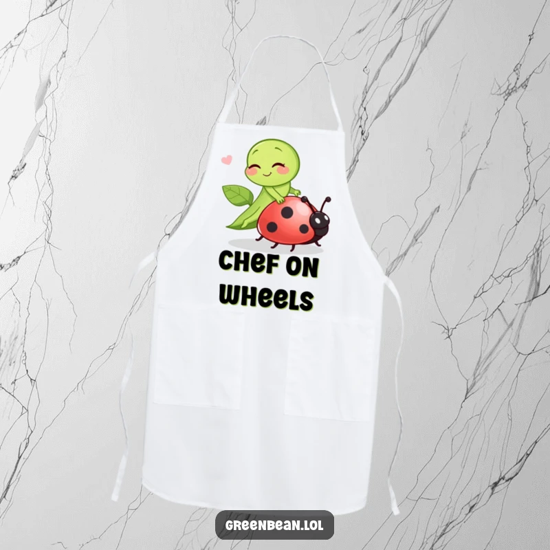 Funny green bean winking playfully while riding a ladybug, a practical and humorous apron for kitchen fun.