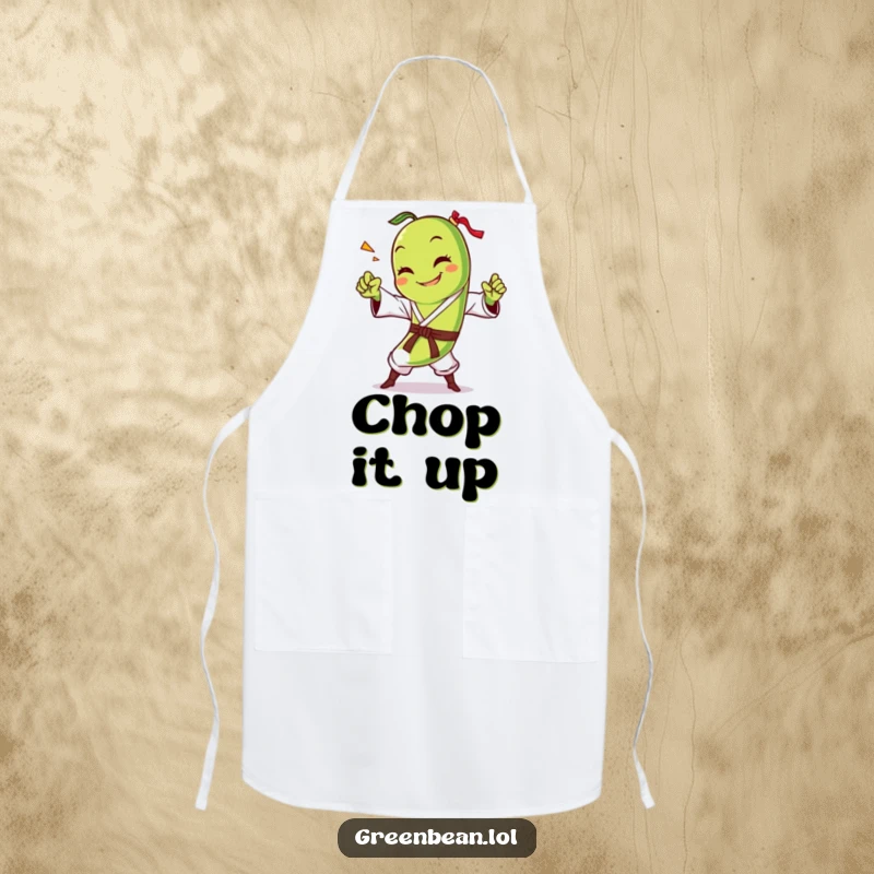 Funny green bean apron showcasing a smiling character performing an impressive karate chop, ideal for culinary adventures with comedic flair. Durable.