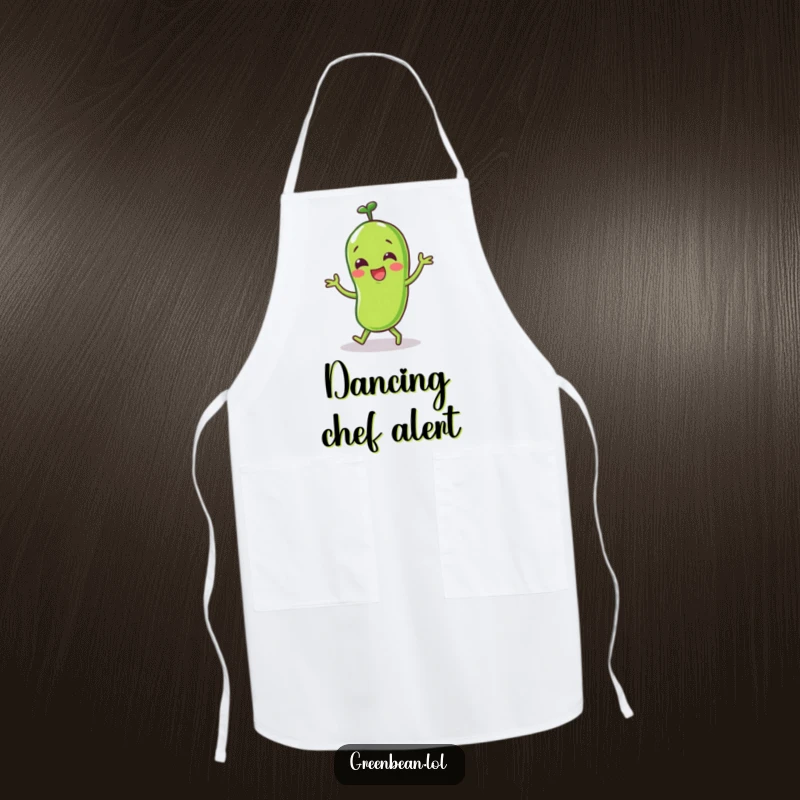 Funny Green Bean Apron featuring a happy character doing a little dance, perfect for kitchen fun and joyful cooking.