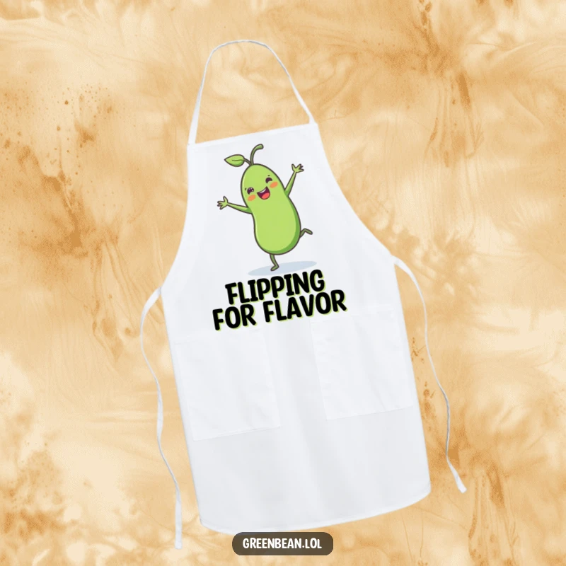 Funny green bean apron featuring a cheerful green bean with tiny legs doing a joyful cartwheel, making kitchen chores amusing and fun.