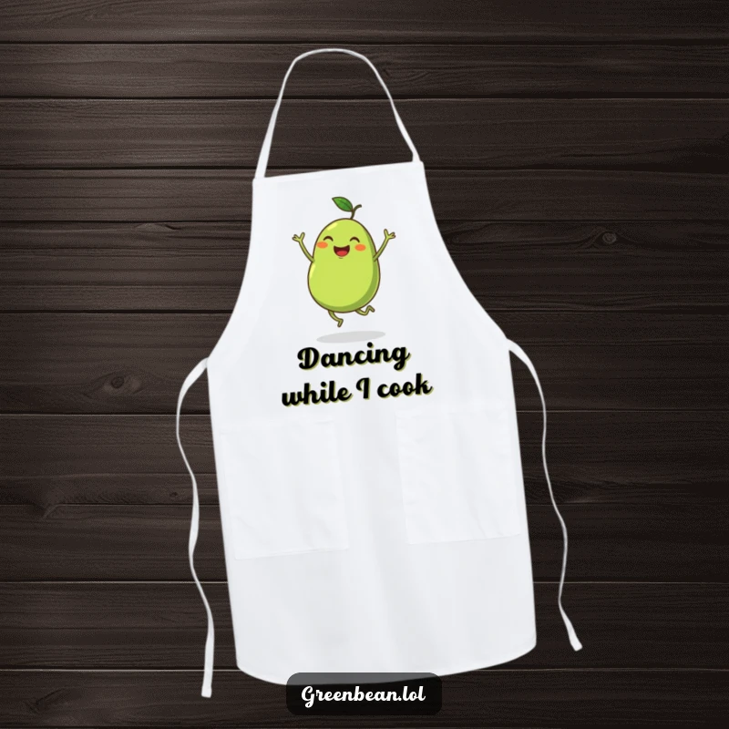 Funny apron with a plump green bean with tiny legs dancing enthusiastically, perfect for a joyful kitchen. A fantastic funny gift.