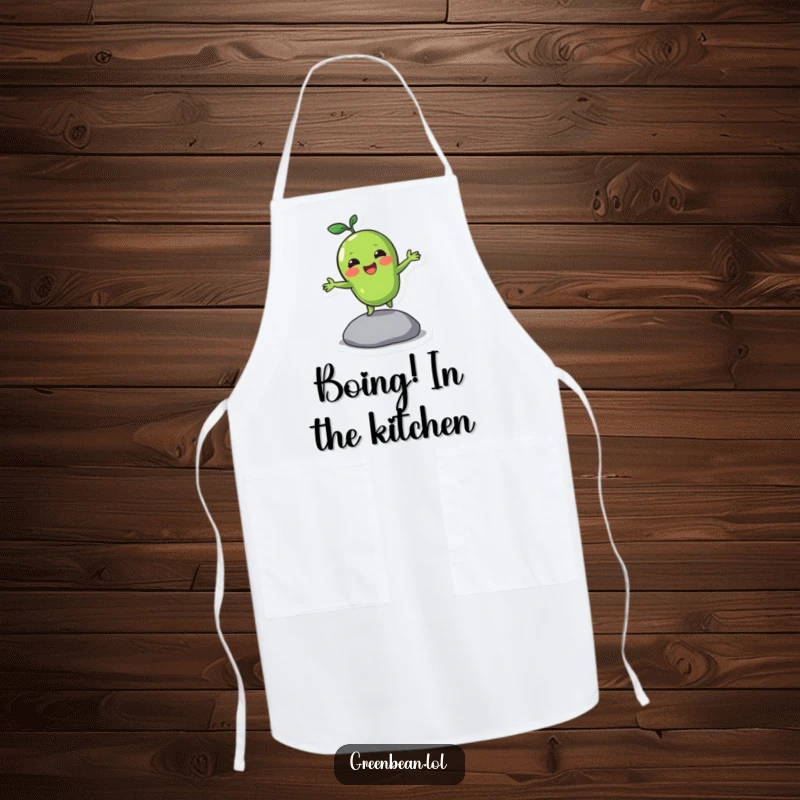 Funny apron with a green bean character bouncing on a pebble, perfect for energetic cooking and vegetable humor.