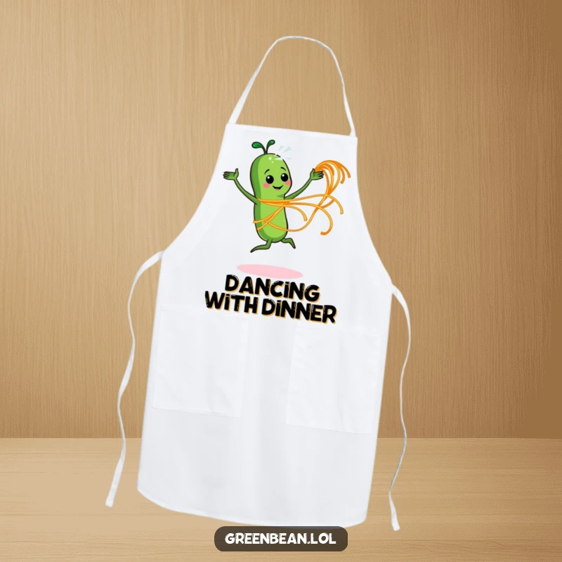 Funny apron illustrating an energetic green bean character dancing with spaghetti, ready for kitchen festivities.