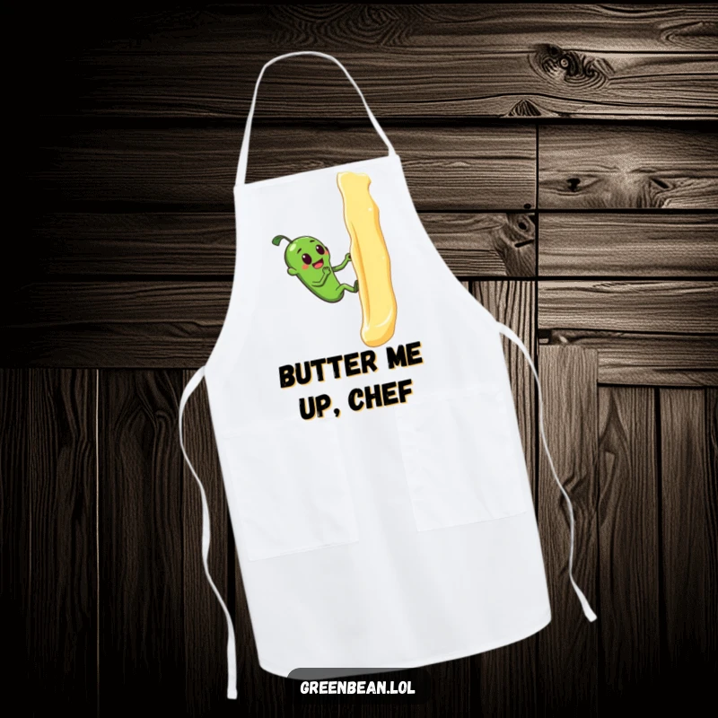 Funny apron showing a green bean's slippery attempt to climb a butter wall, adding humor to cooking tasks.
