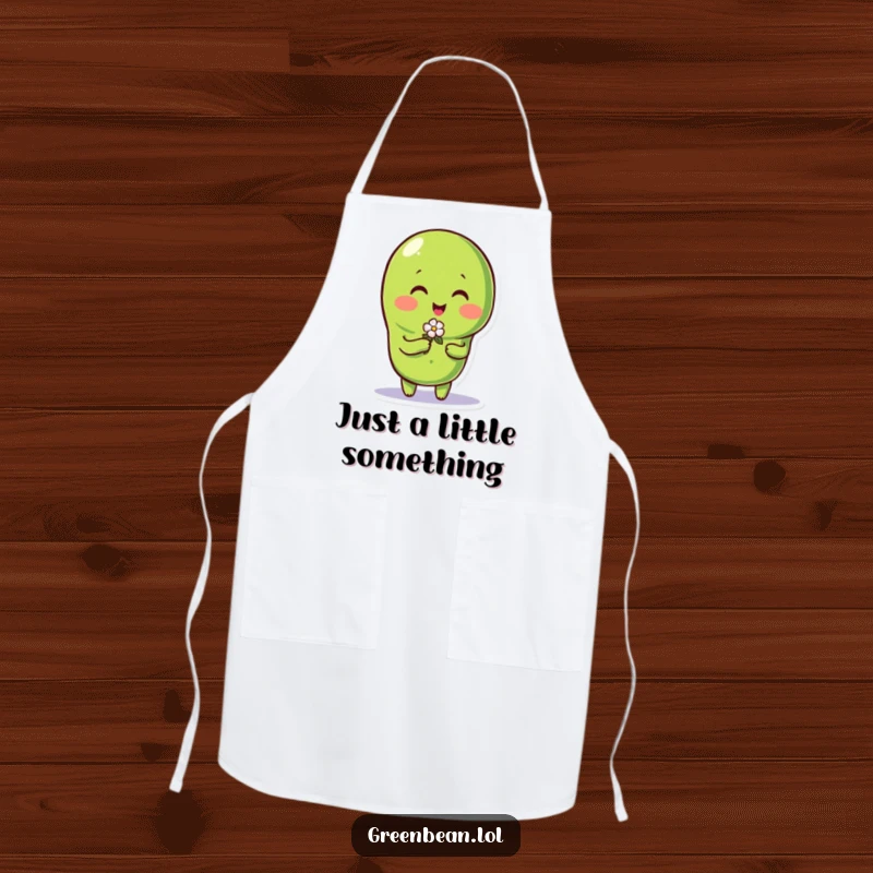 Funny green bean character offering a tiny flower, printed on a practical apron for kitchen fun.