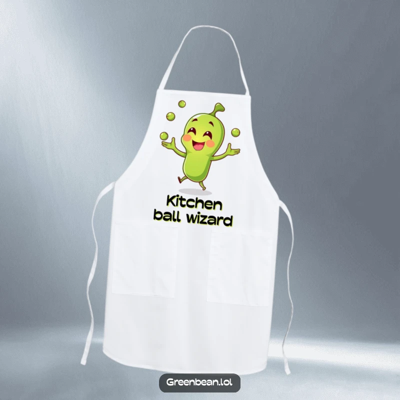 Funny green bean apron, joyful character juggling peas, humorous cooking attire, perfect for kitchen activities, funny gift.