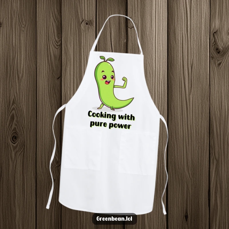 Funny apron with a determined green bean flexing a pea muscle, perfect for kitchen workouts and a humorous touch, a great funny gift.