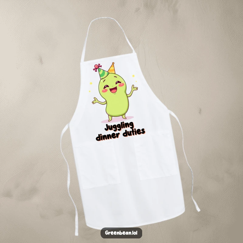 Funny juggling green bean apron showing a grinning green bean in a party hat, juggling, making cooking and hosting amusingly festive.