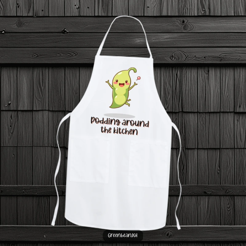 Funny pea pod apron showing a happy pea pod leaping with peas popping out, making meal preparation amusing and enjoyable.
