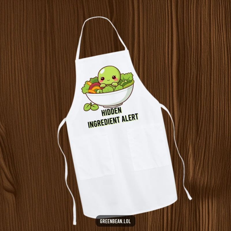 Funny Apron with a shy green bean character peeking from a salad bowl, perfect for a playful cook.