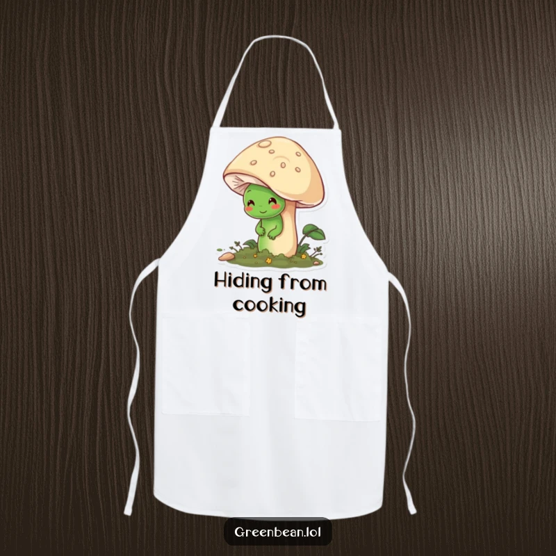 Funny apron illustrating a shy green bean character peeking from behind a large, friendly mushroom, ideal for gentle kitchen tasks.