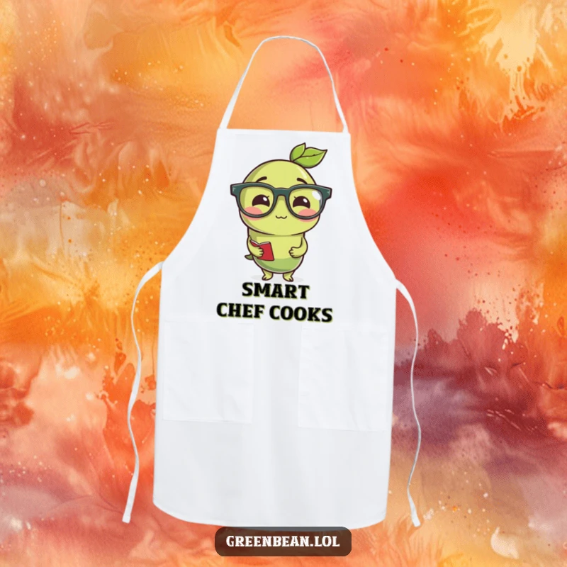 Funny studious green bean wearing reading glasses, a practical and humorous apron for the intelligent chef.