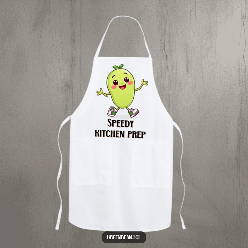 Funny apron showing a smiling green bean character wearing tiny running shoes, in a dynamic running stance.