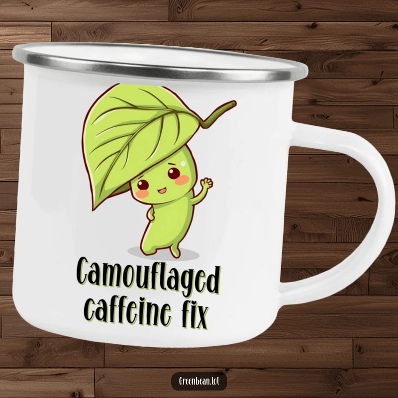 Funny green bean camping mug featuring a mischievous character hiding behind a leaf, perfect for playful outdoor sipping.