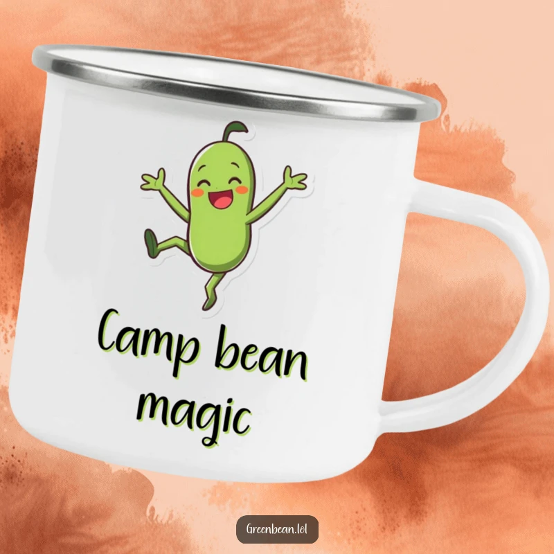 Funny Camping Mug: Smiling green bean character doing a joyful cartwheel, a humorous companion for active outdoor foodies.