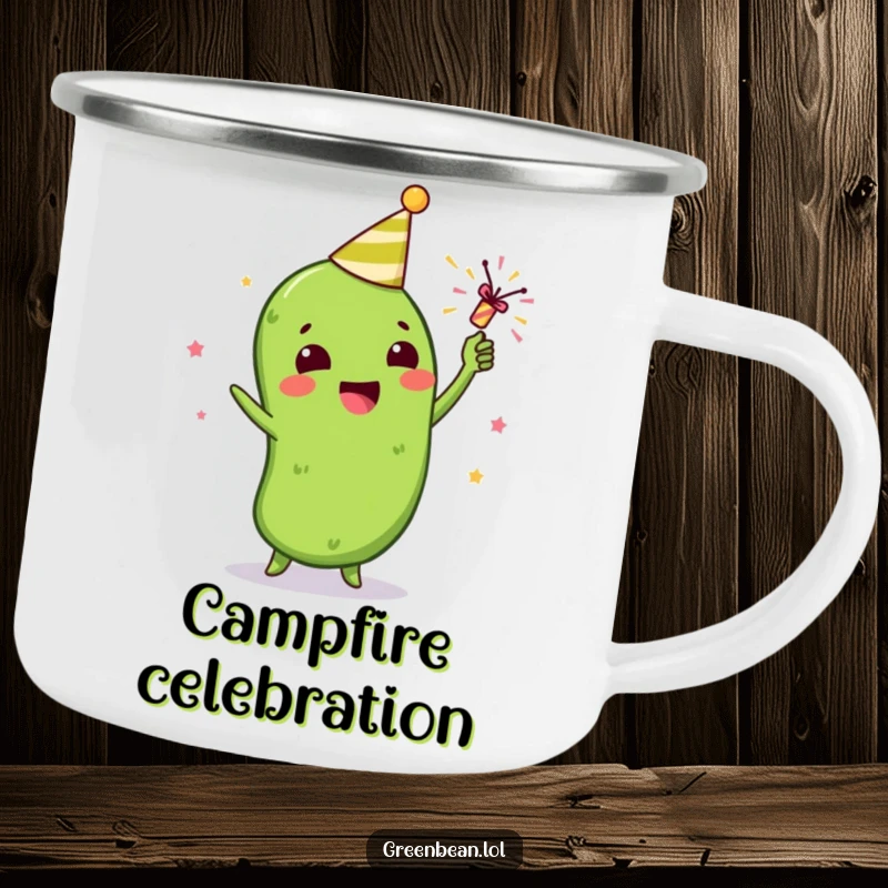 Funny camping mug featuring a gleeful green bean celebrating with a tiny party popper, perfect for outdoor festivities.