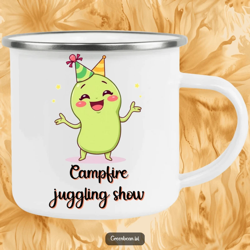 Funny juggling green bean camping mug showing a grinning green bean in a party hat, juggling, perfect for outdoor festivities and humor.