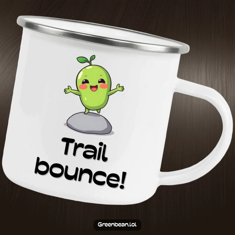 Funny camping mug with a green bean character bouncing on a pebble, perfect for outdoor adventures and energetic vibes.