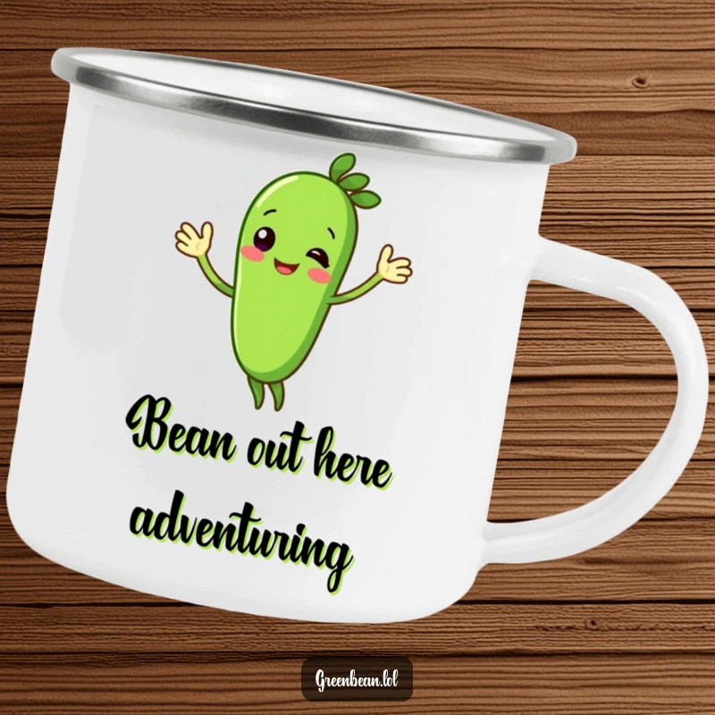 Funny green bean camping mug with a cheerful character waving. Perfect for hot beverages on any adventure.