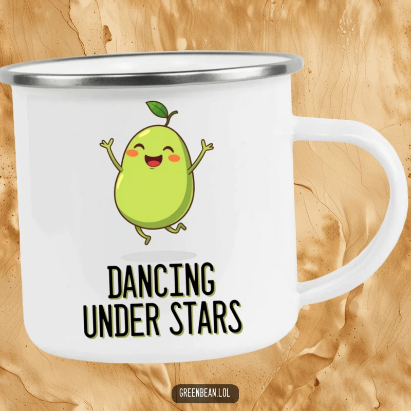 Funny camping mug showing a plump green bean with tiny legs dancing enthusiastically, ready for outdoor fun. An excellent funny gift.