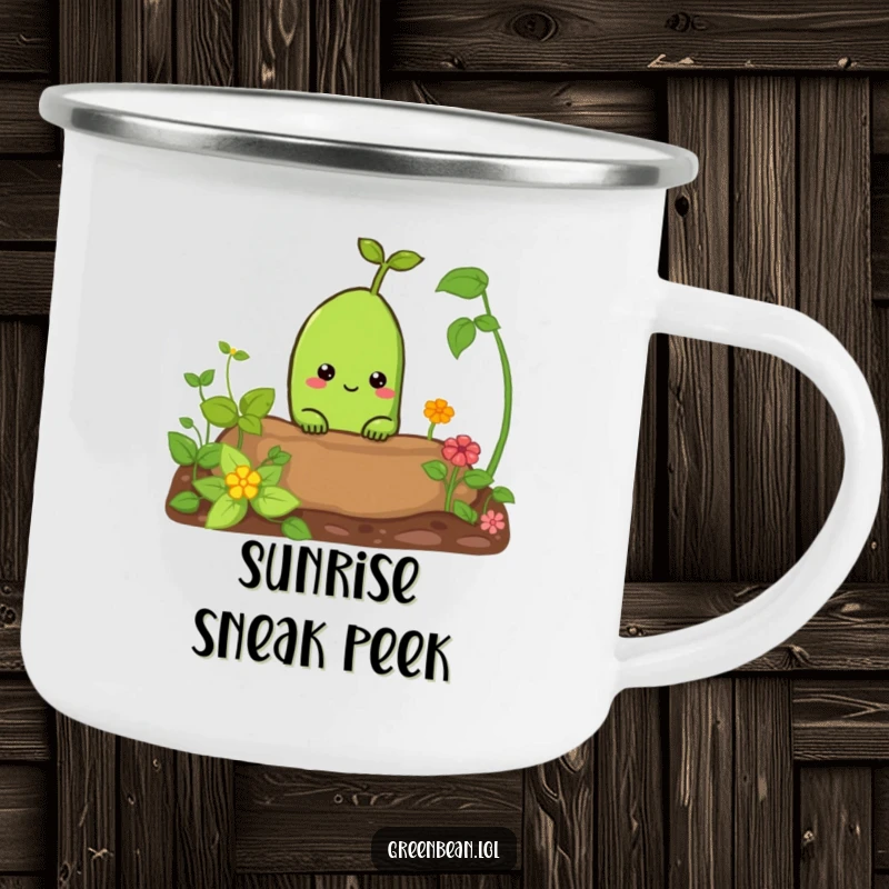 Funny camping mug featuring a curious green bean peeking from a garden bed. Humorous and durable outdoor drinkware.
