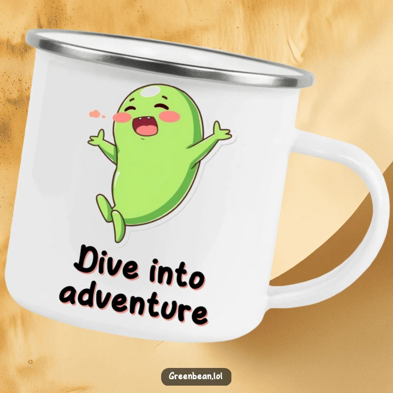 Funny camping mug with a plump, blushing green bean character in a dramatic, exaggerated dive, ideal for outdoor use.