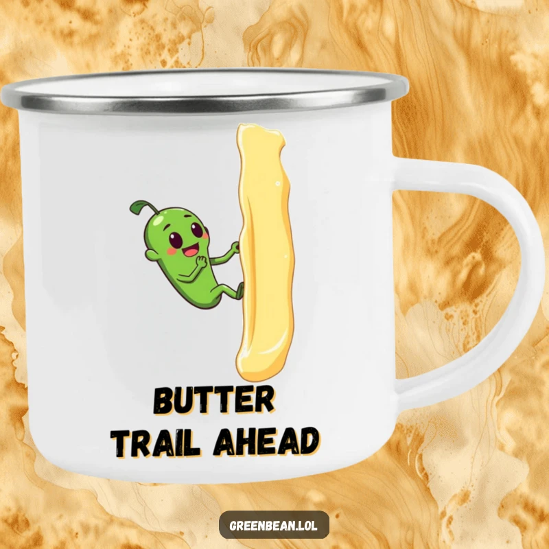 Funny camping mug showing a green bean slipping on butter, perfect for outdoor humor and drinks.