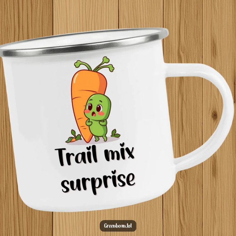 Funny camping mug featuring a surprised green bean character and a giant carrot. Durable, humorous outdoor drinkware.