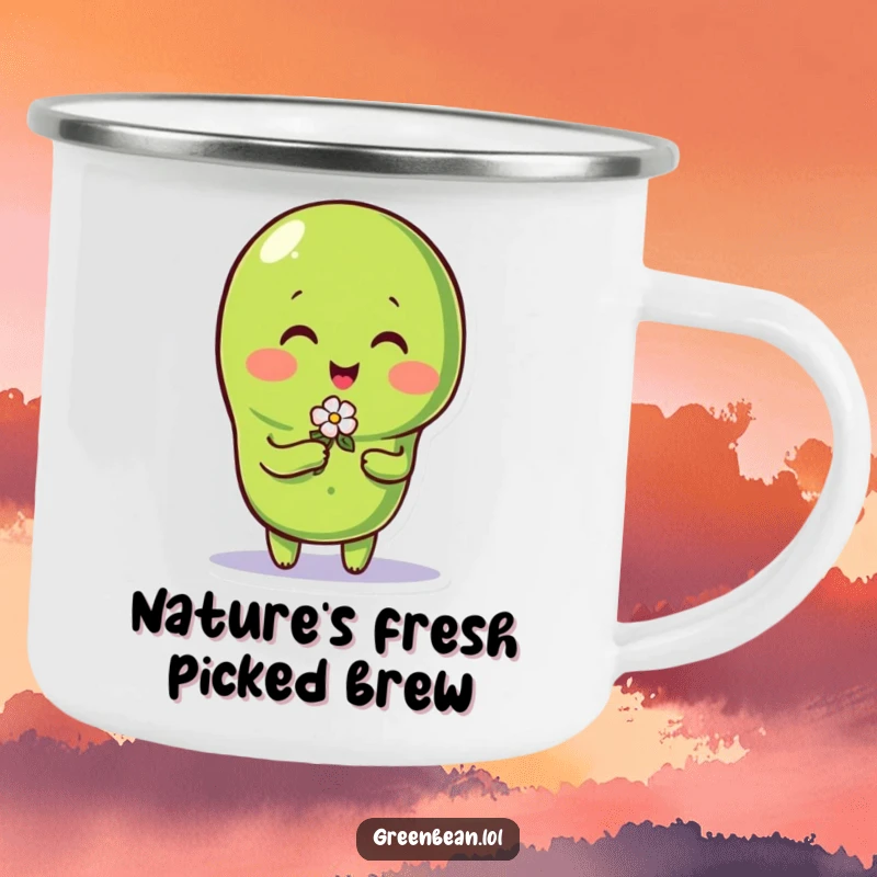 Funny green bean character offering a tiny flower on a durable camping mug, perfect for outdoor charm.