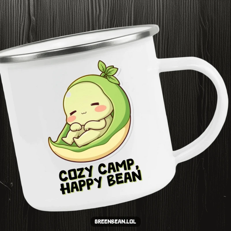 Funny camping mug with a content green bean relaxing in its pod, perfect for campfire comfort and a humorous touch, a great funny gift.
