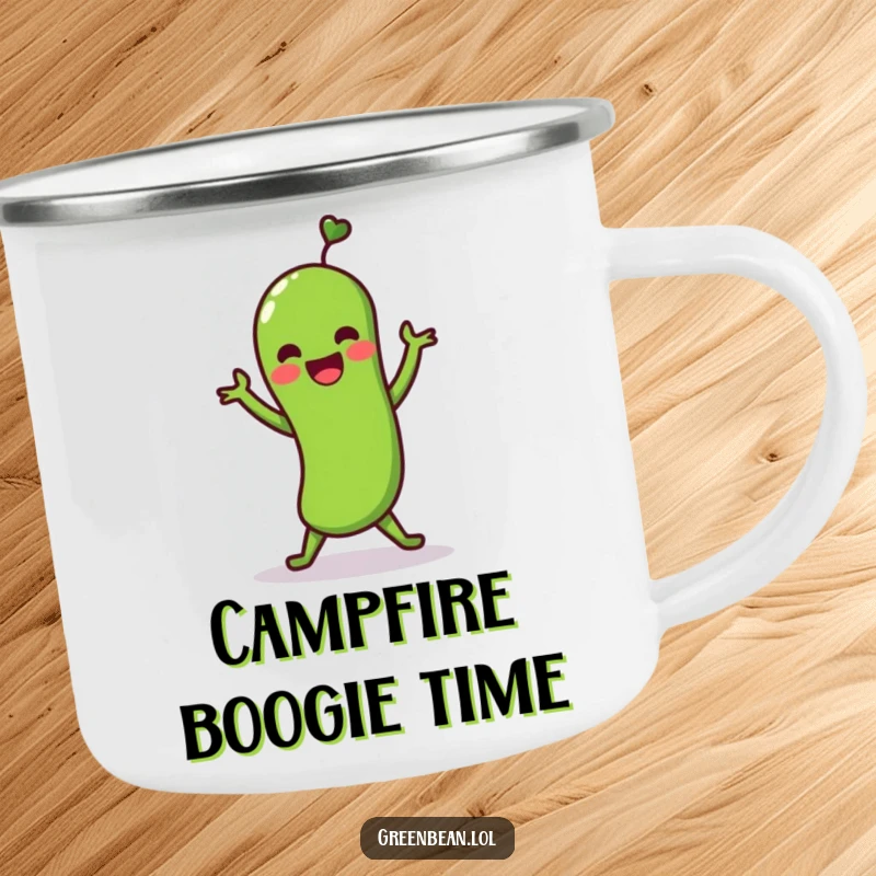 Funny camping mug featuring a green bean character doing a lively shimmy dance. Humorous and durable outdoor drinkware.