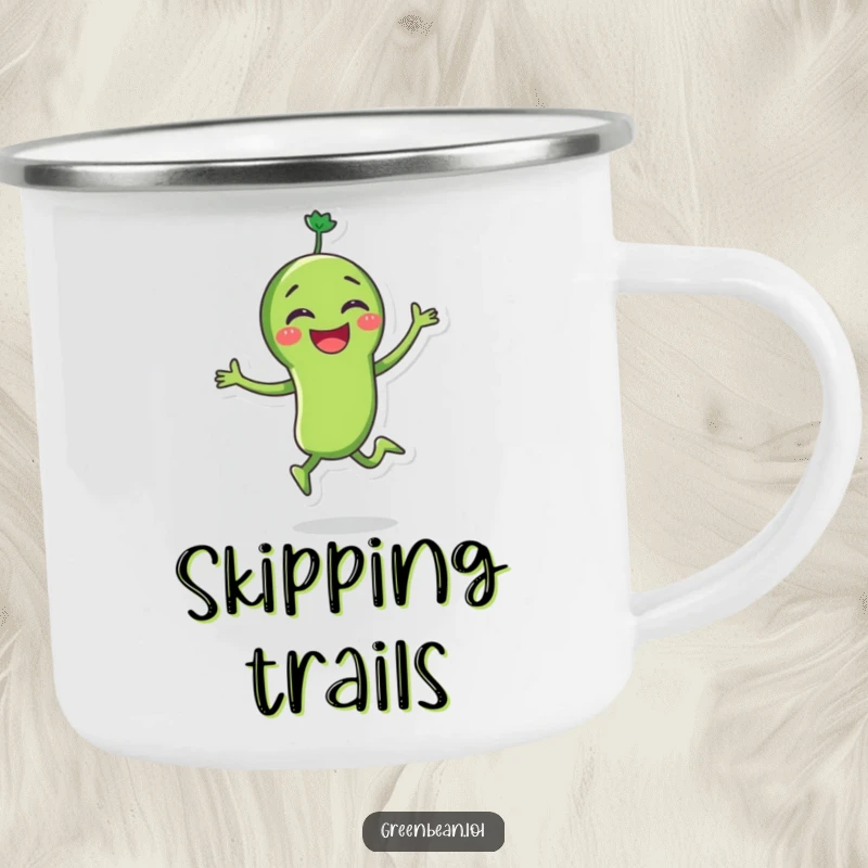 Funny green bean camping mug depicting a joyous character skipping with glee, perfect for hot drinks during outdoor fun. Durable enamel.