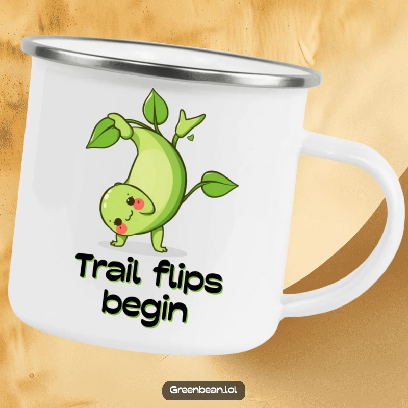 Funny Green Bean Camping Mug: A durable mug depicting a green bean character in a playful somersault, perfect for outdoor enthusiasts.