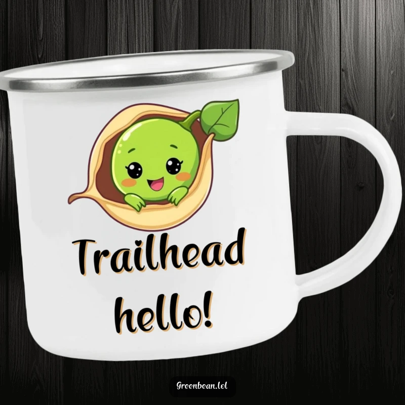 Funny camping mug with a green bean character peeking from its pod, perfect for outdoor enjoyment and cute vibes.