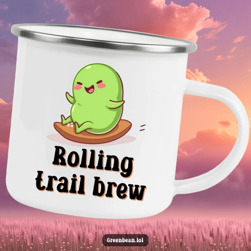 Funny Camping Mug of a plump green bean character rolling down a gentle slope with glee, perfect for outdoor fun.