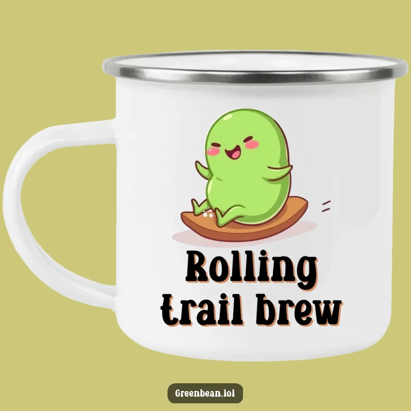 Funny Rolling Bean Camping Mug: Downhill Adventure, Outdoor Humor Gift