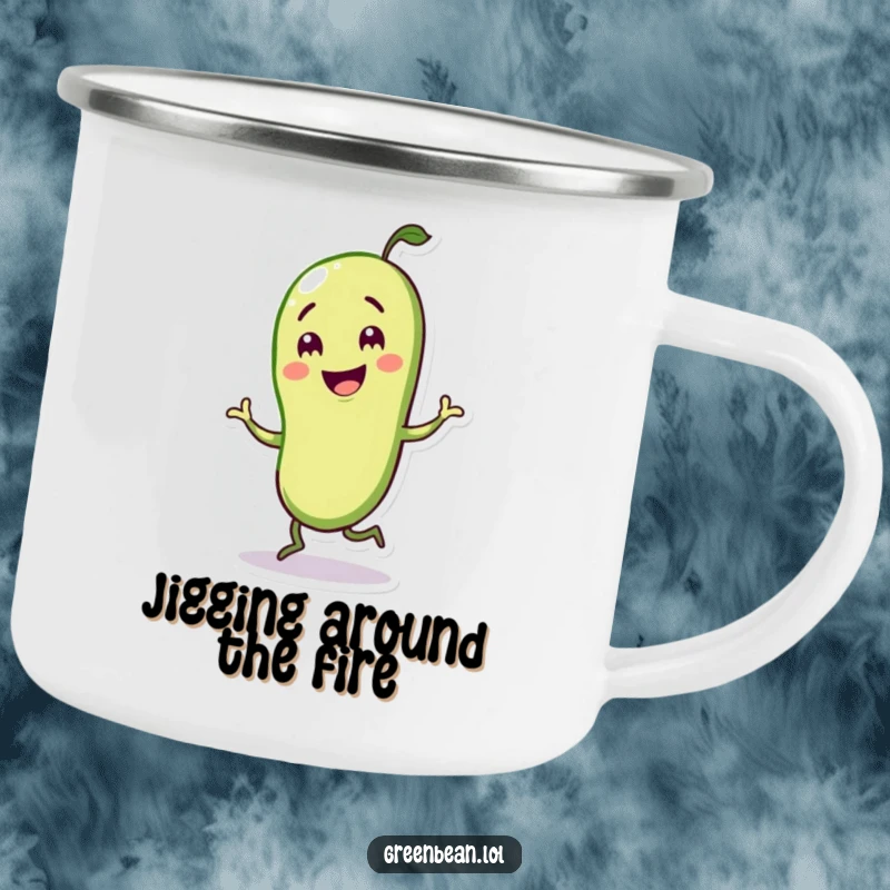 Funny camping mug showing a green bean character doing a jig, ideal for outdoor cheer and warmth.