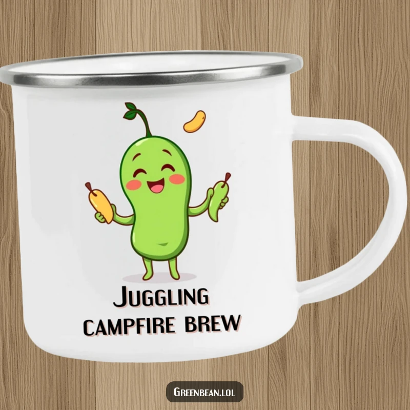 Funny Camping Mug of a happy green bean character joyfully juggling three other green beans, perfect for outdoor fun.