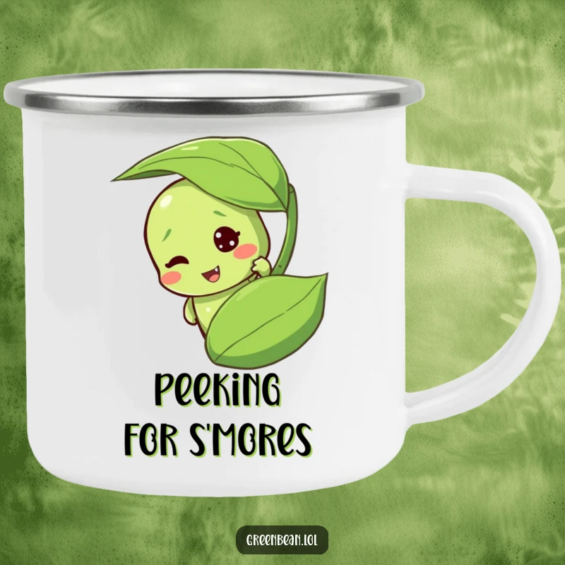 Funny green bean camping mug with a mischievous character peeking from behind a leaf. Durable and humorous for outdoors.