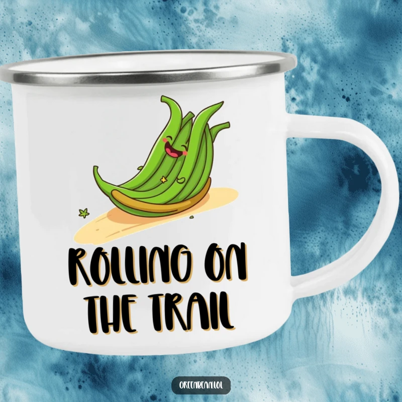 Funny camping mug showing a cheerful bundle of green beans giggling as they roll down a slope, ready for outdoor fun. An excellent funny gift.