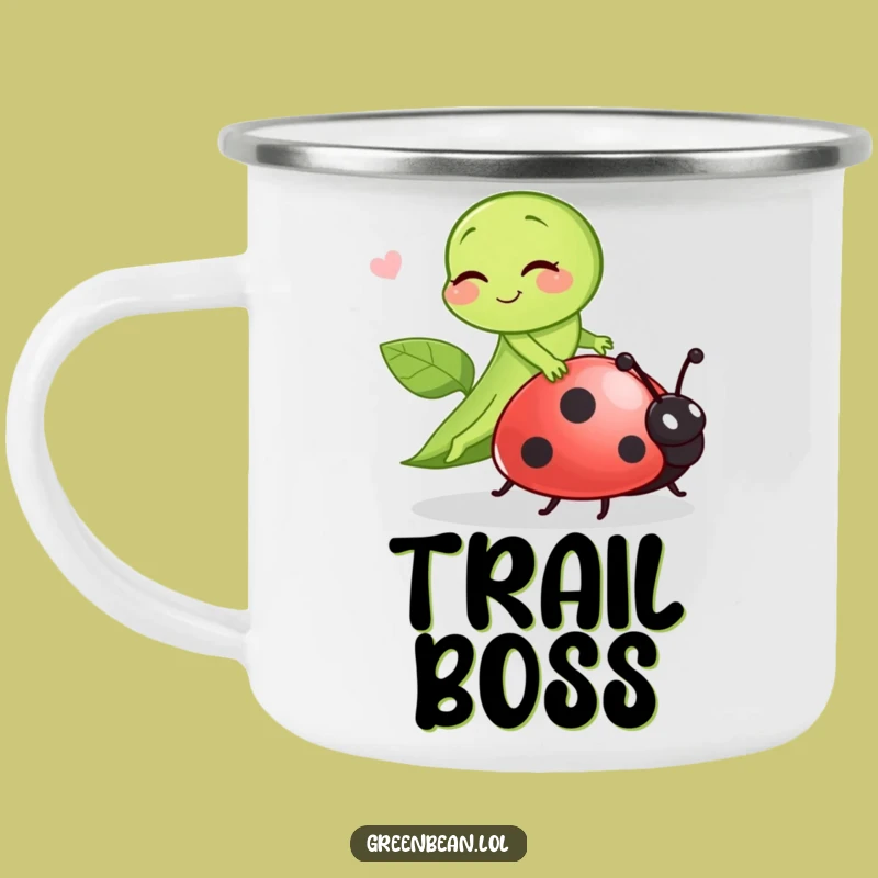Funny Green Bean Ladybug Rider Enamel Mug: Campfire Laughs Guaranteed!
