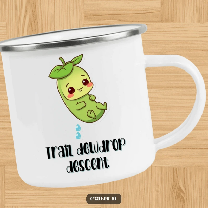 Funny Green Bean Camping Mug featuring a playful character sliding down a dewdrop, perfect for outdoor drinks.