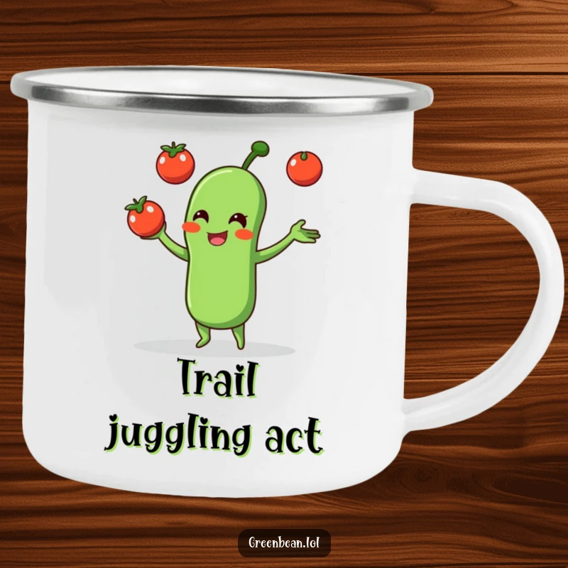 Funny camping mug featuring a green bean juggling tomatoes, perfect for outdoor adventures and a good laugh.