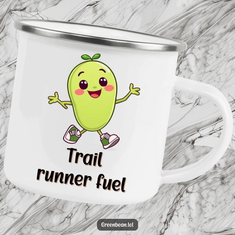 Funny enamel camping mug showing a smiling green bean character in tiny running shoes, mid-stride.
