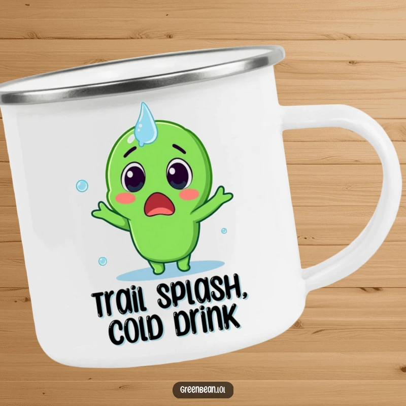 Funny Camping Mug with a surprised green bean character being splashed, perfect for outdoor adventures and playful humor, a durable funny gift.