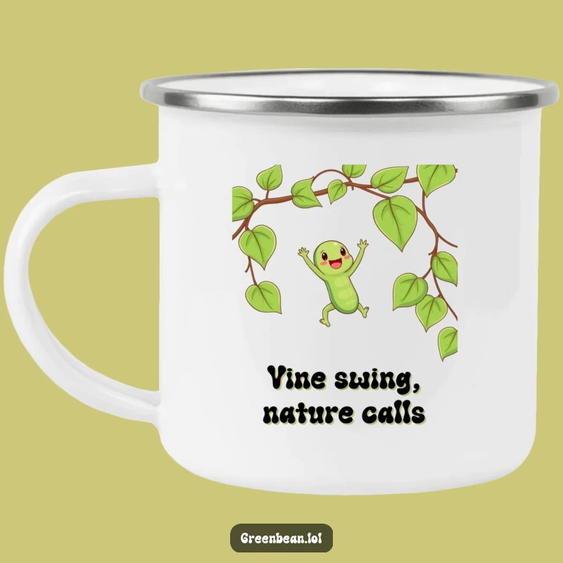 Funny String Bean Trapeze Swing Camping Mug: Outdoor Veggie Acrobat Cup