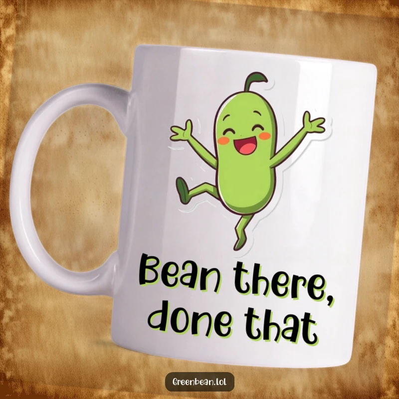Funny Mug: Smiling green bean character doing a joyful cartwheel, embodying playful energy and healthy fun.